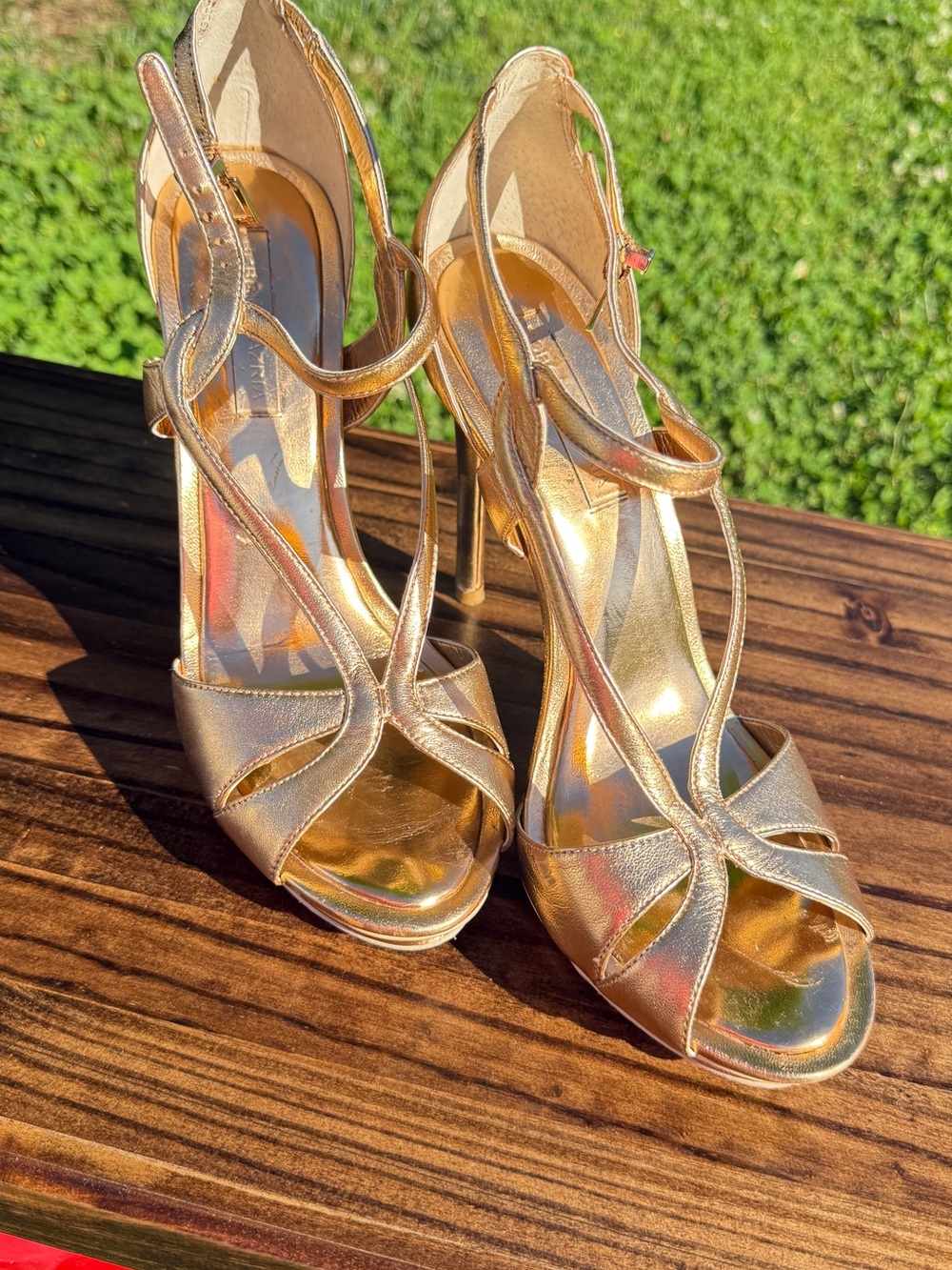 BCBGMaxAzria Metallic Gold Strappy High Heel Sandals